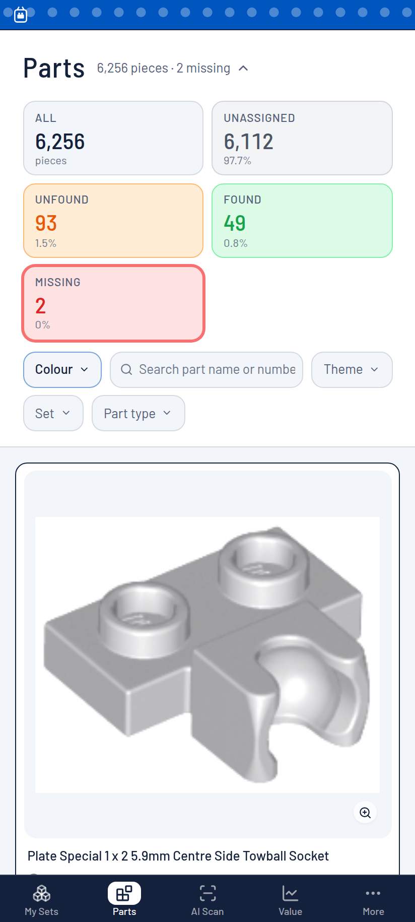 The BrickBagger Parts finder on a phone, showing scope cards for All, Unassigned, Unfound, Found and Missing pieces above a filtered list.