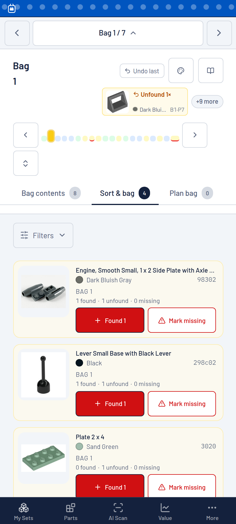The BrickBagger sort screen on a phone, showing the bag stepper bar, the page ribbon, the Bag contents / Sort and bag / Plan bag tabs, and a grid of part cards with Found in Bag 1 actions.